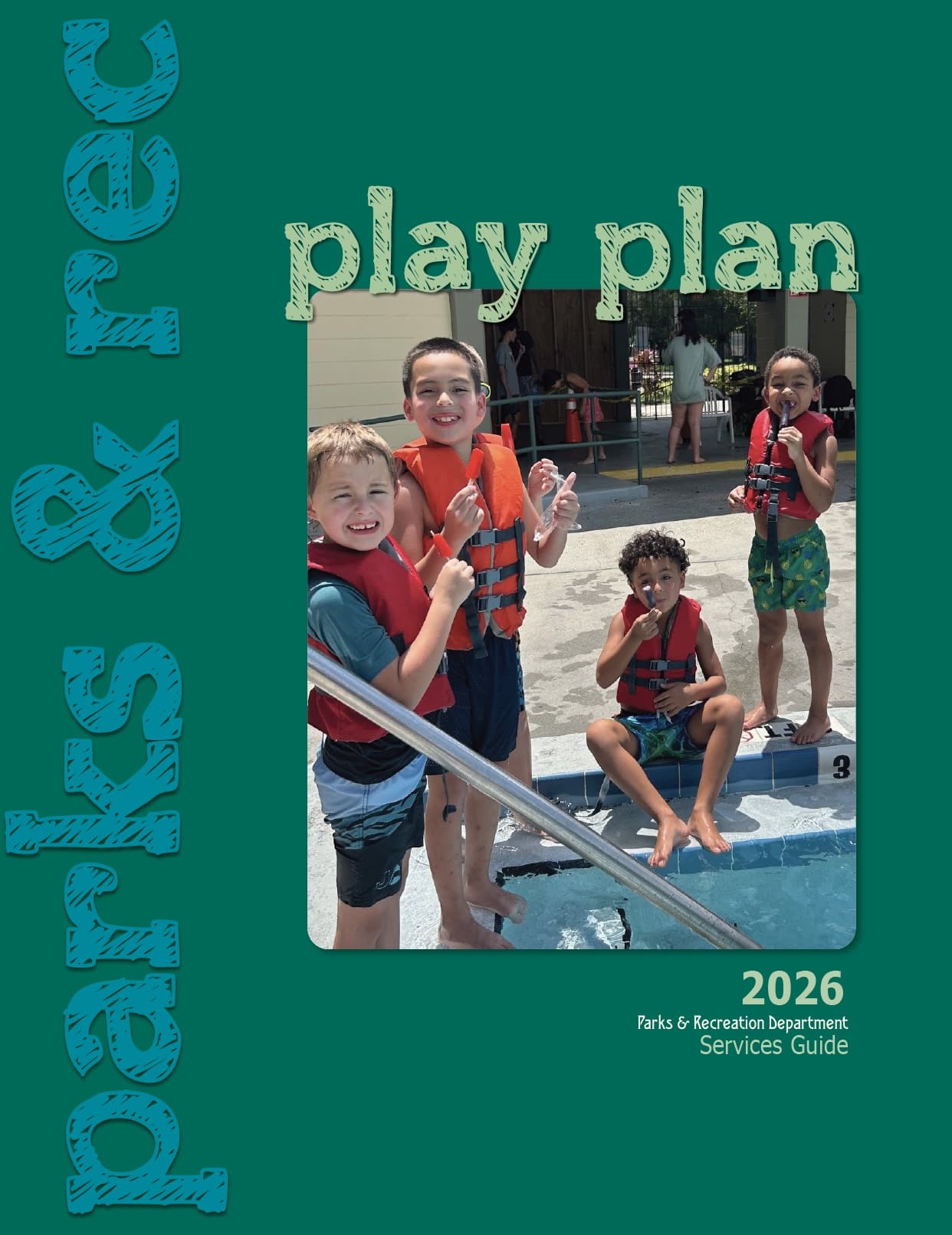 Four children in life jackets smile by a pool play plan, programs & activities, 2026 Services Guide.