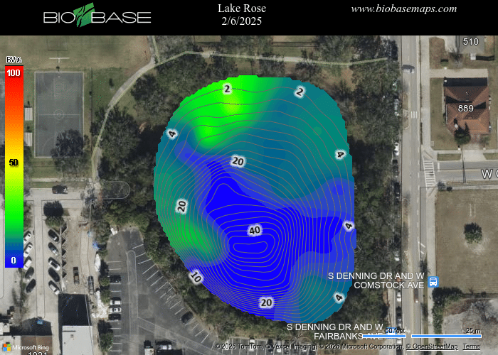 Aerial map of Lake Rose with colored depth contours ranging from 2 to 40, surrounded by roads and parking lots.