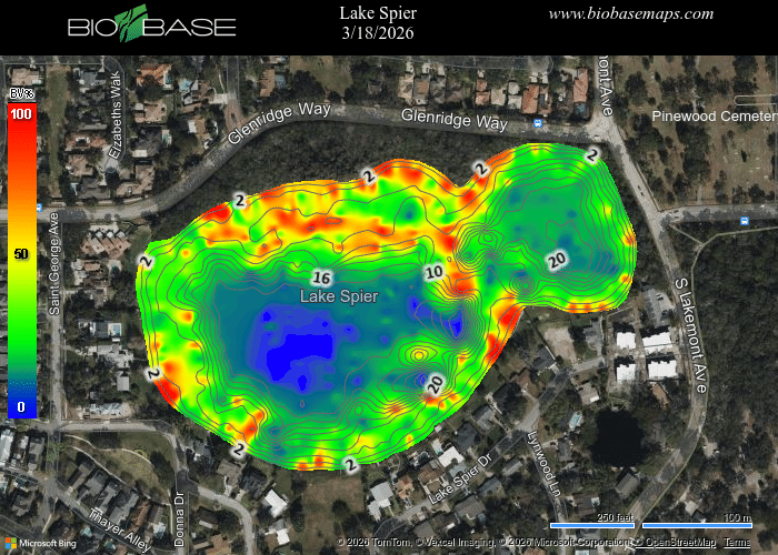 Heat map showing depth contours of Lake Spier, with surrounding streets and color scale indicating depth levels.