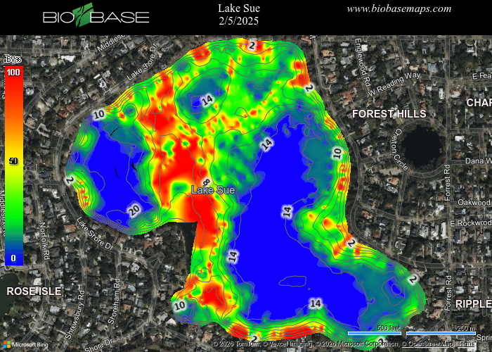 Heat map of Lake Sue showing depth levels, with red indicating shallowest areas and blue indicating deepest parts.