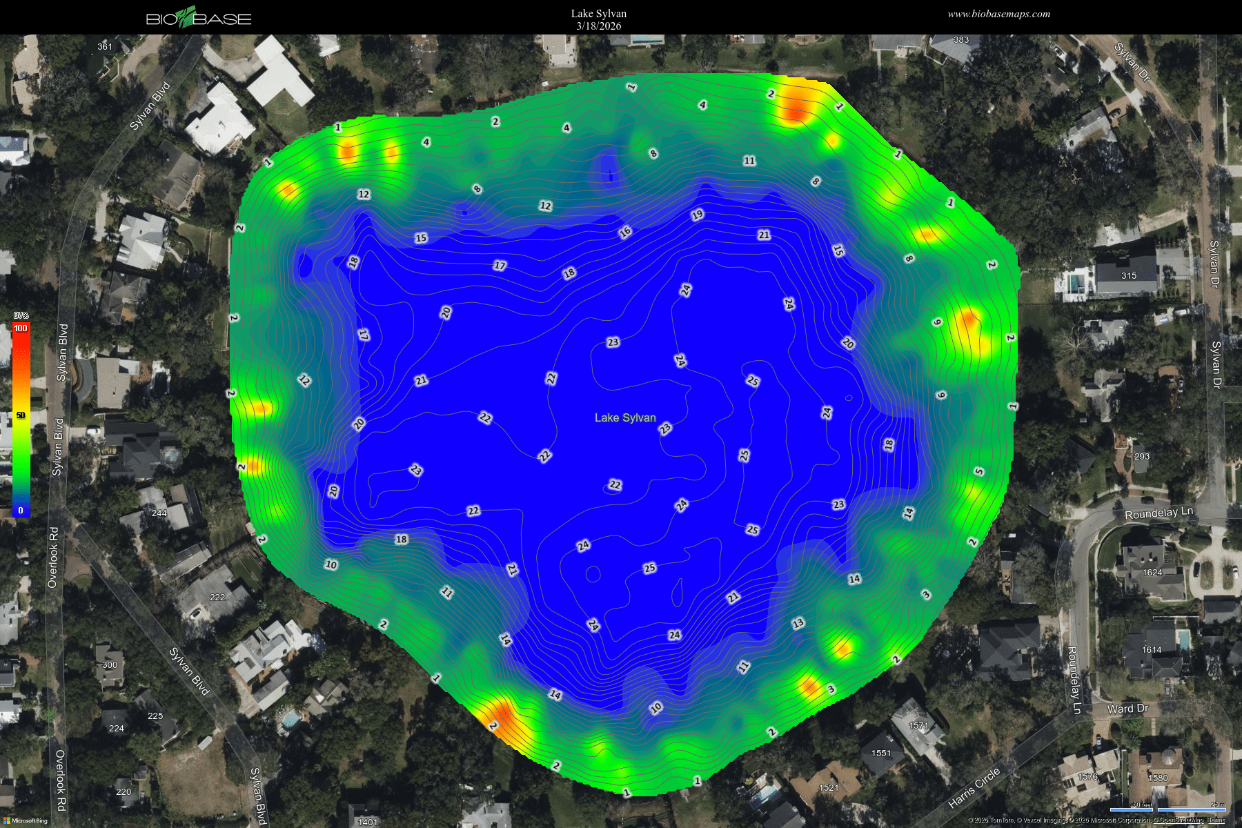 Aerial map of Lake Sylvan with depth contours, blue indicating deepest areas and green/yellow showing shallower edges.