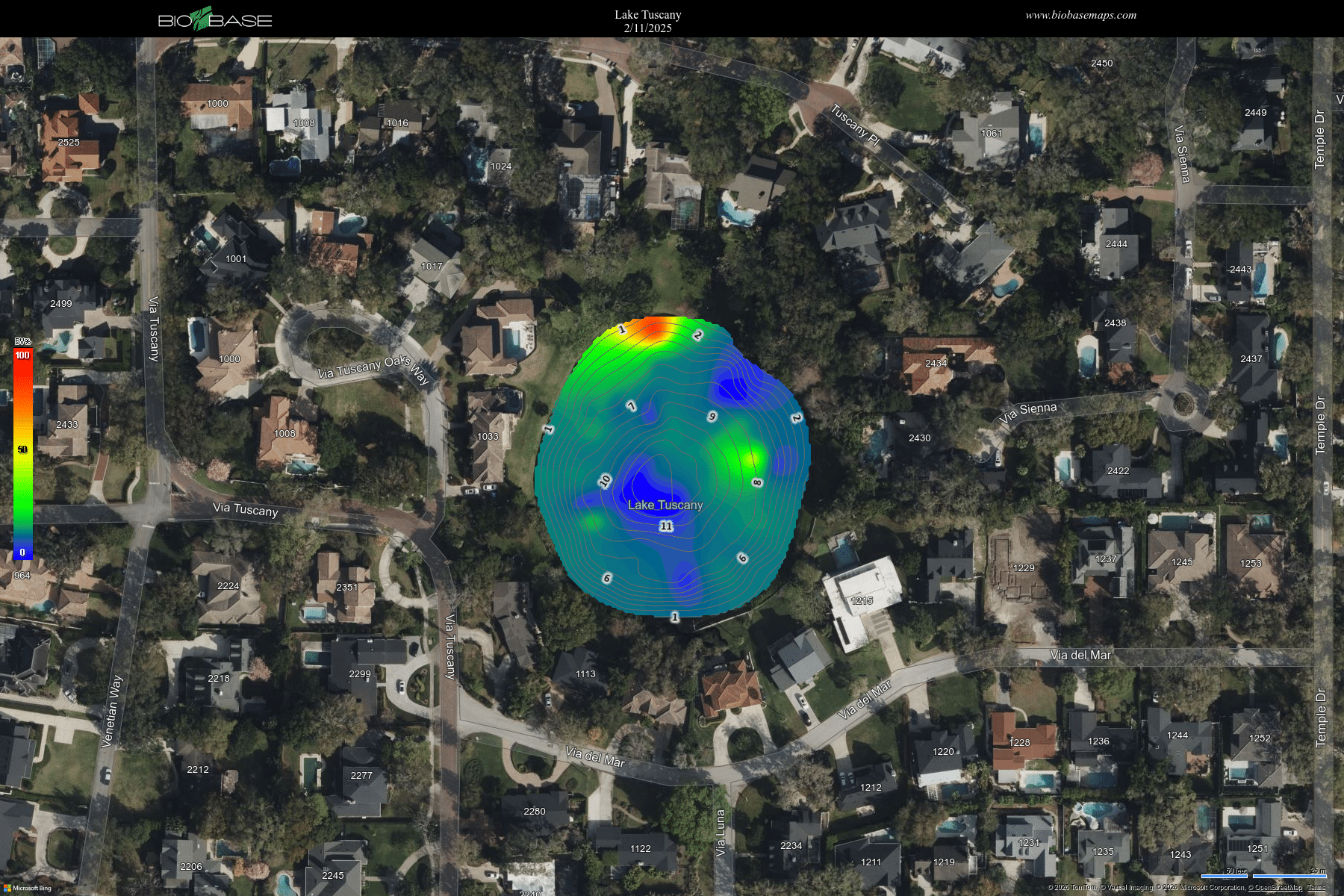 Aerial view map of Lake Tuscany with a heat map overlay showing intensity levels in surrounding area.