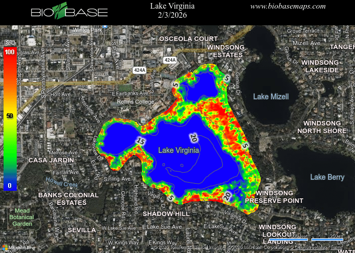 Heat map of Lake Virginia showing vegetation density, with red as highest, blue as lowest; streets and landmarks labeled.
