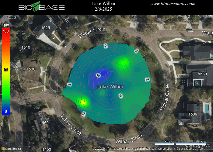 Aerial map of Lake Wilbar with depth contours and heatmap overlaid, showing data from February 6, 2025.