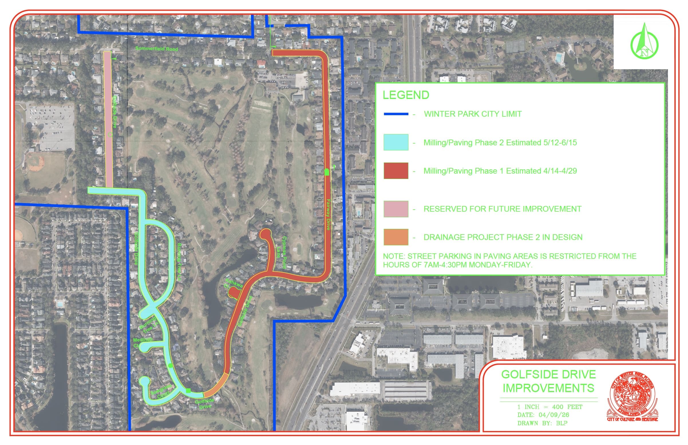 A map showing Golfside Drive transportation improvements with colored lines indicating Public Works project phases and future areas.