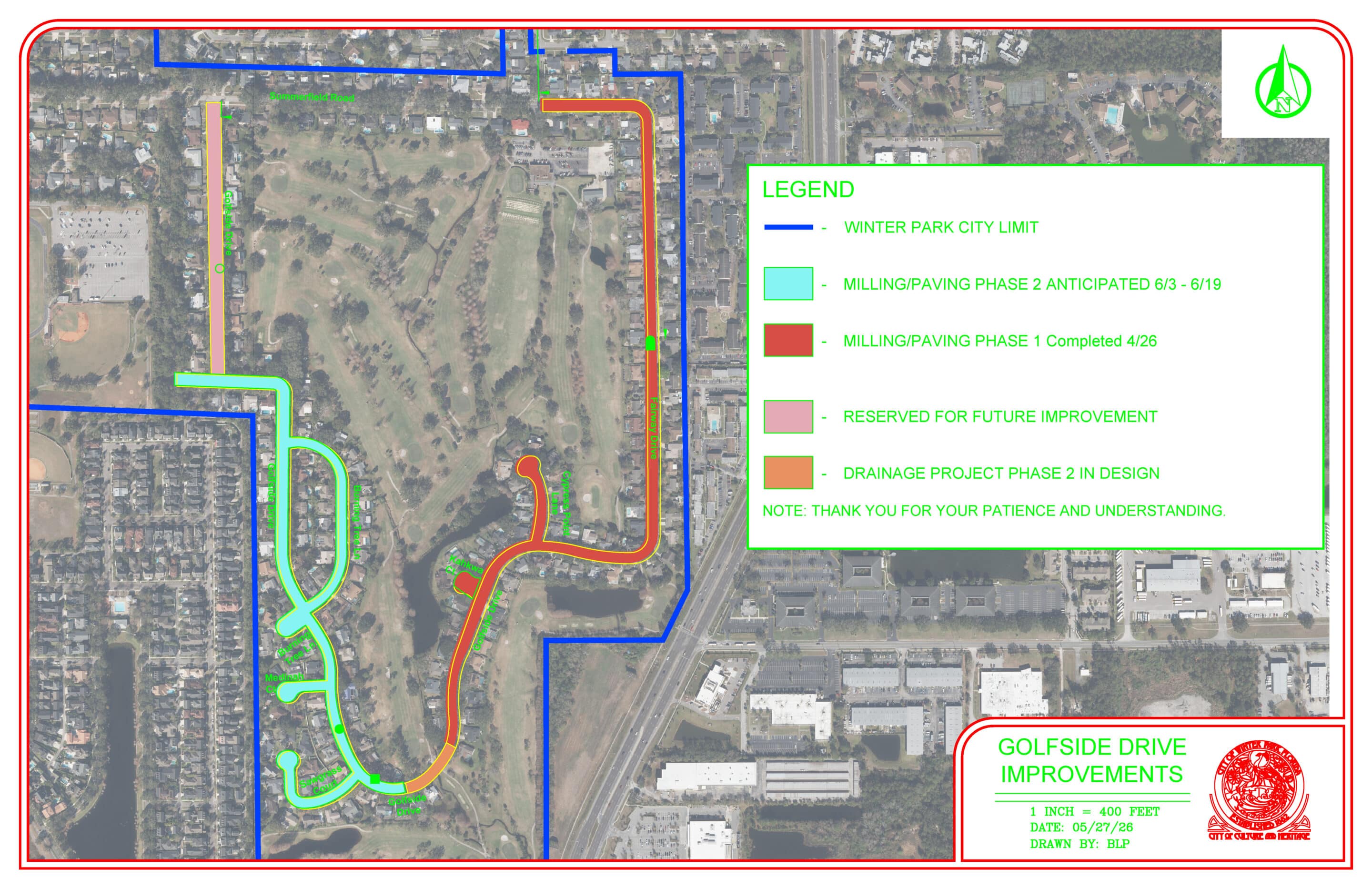 Map showing Golfside Drive improvements with colored lines for project phases and a Public Works legend explaining each phase.
