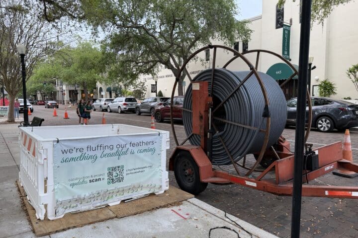 Street construction on Park Avenue with a sign: "We're fluffing our feathers—something beautiful is coming," part of Park Avenue Refresh.