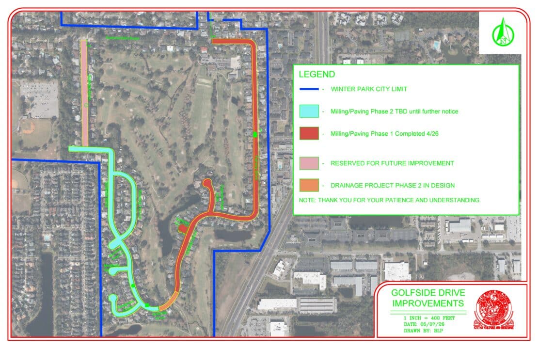 Map showing Golfside Drive Public Works improvements with colored lines for project phases and a legend in the upper right.