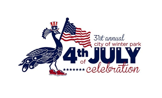 A patriotic bird in red sneakers holds a U.S. flag for Winter Park's 4th of July celebration.