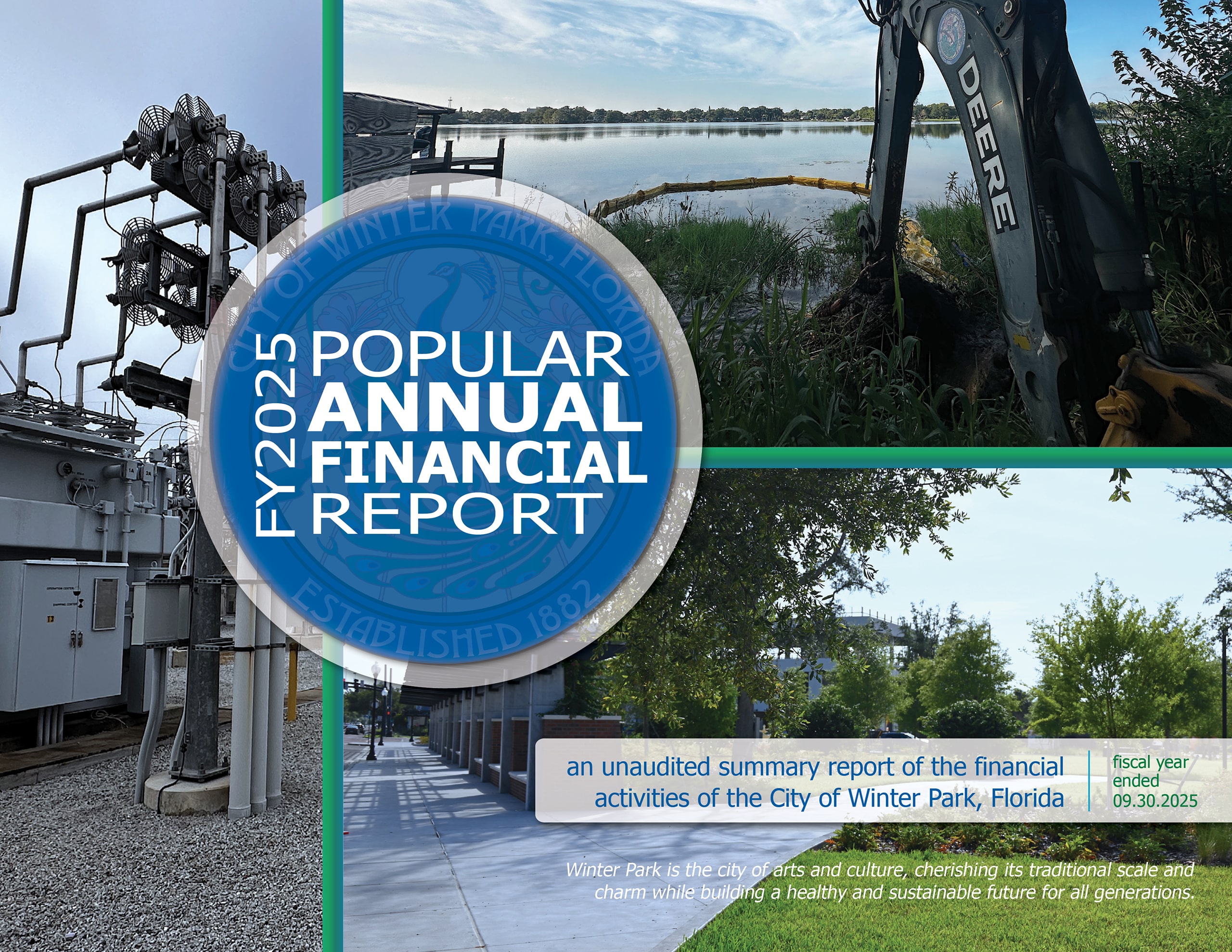 Collage of city infrastructure, lake, and text for Winter Park, FL FY2025 Popular Annual Financial Report.