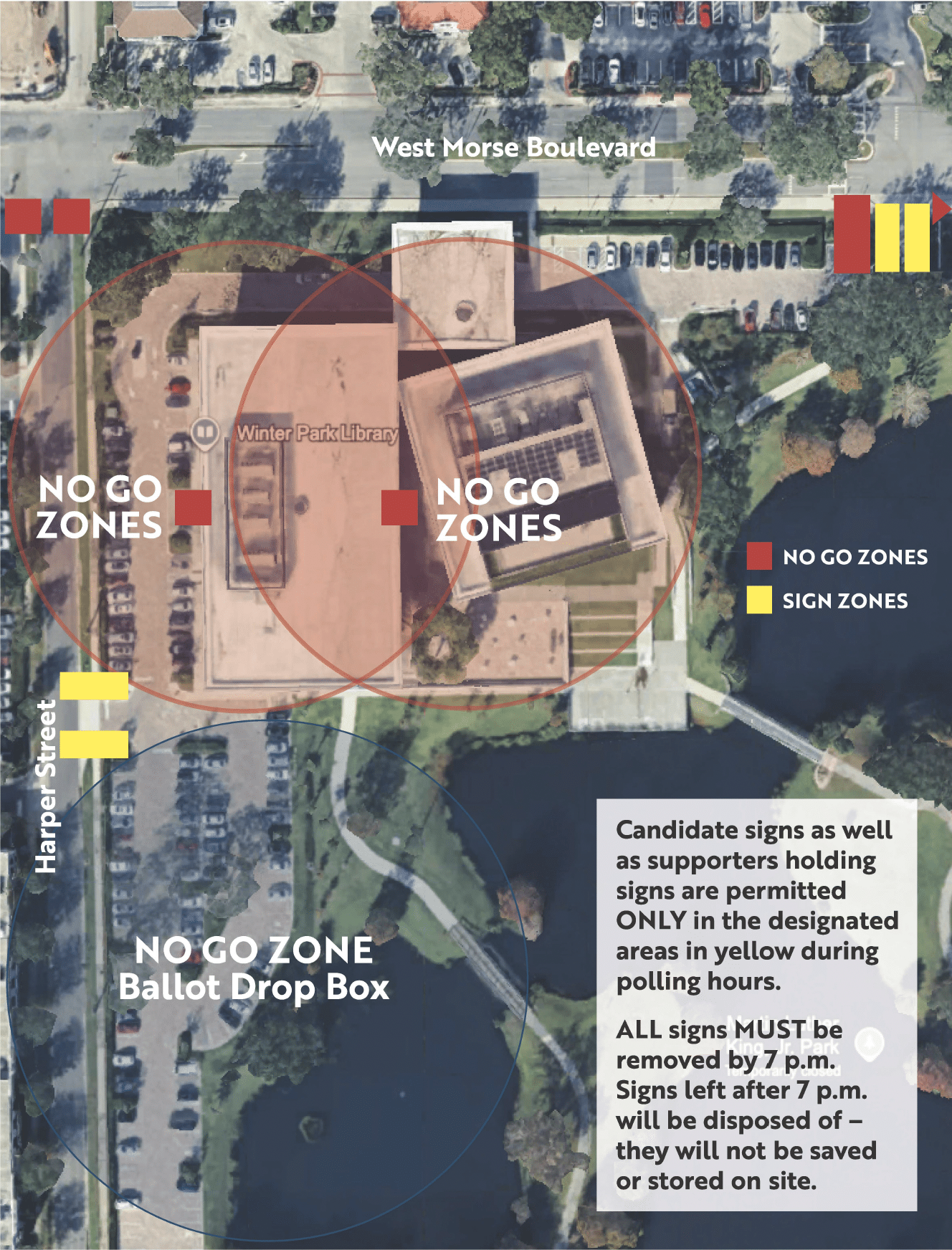 Aerial view of a library with Election Info, NO GO ZONES, and SIGN ZONES in red and yellow near ballot drop boxes.