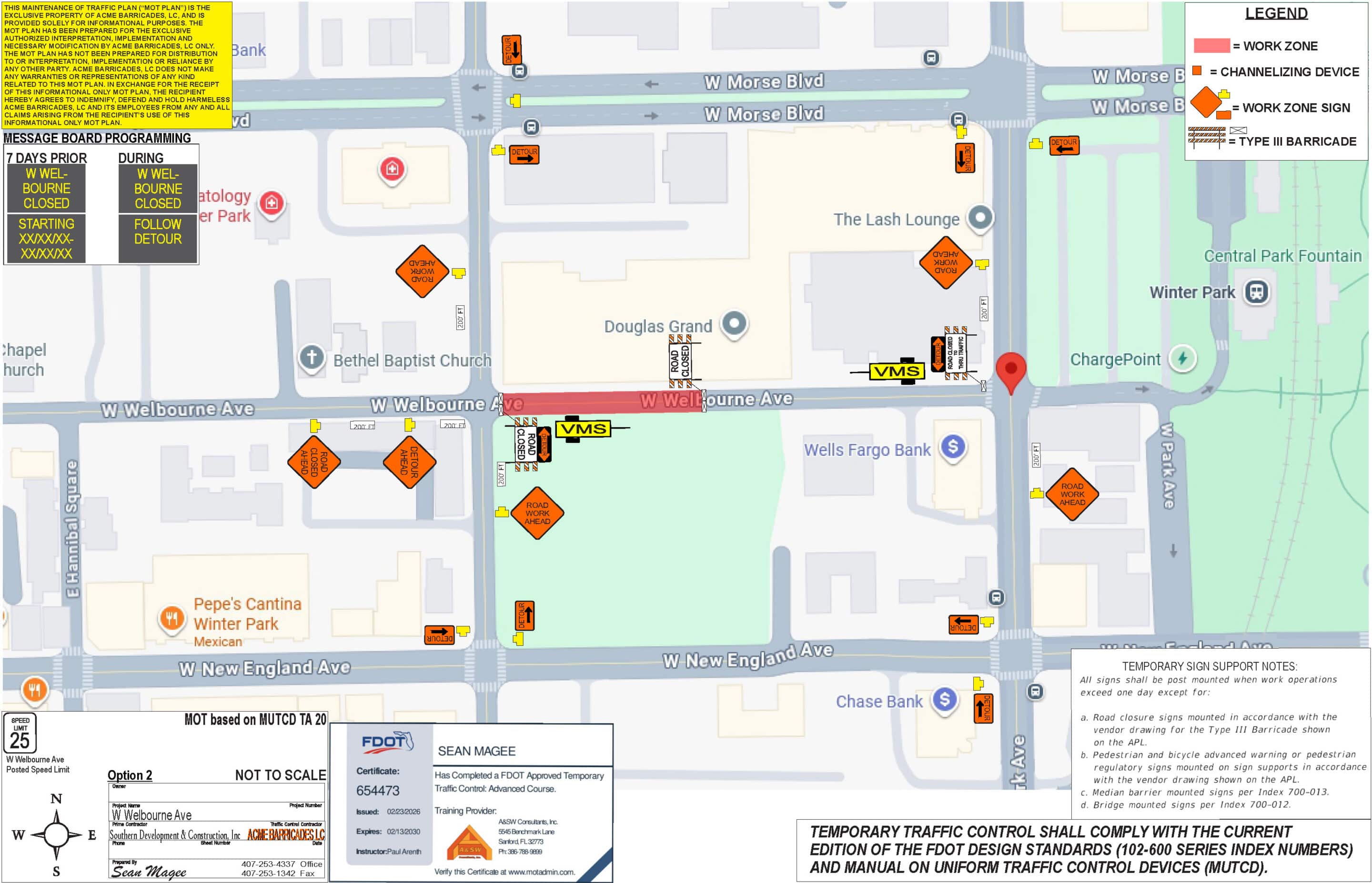 Traffic control map for W Welbourne Traffic control plan map for a temporary work zone along West Welbourne Avenue near West Morse Boulevard and West New England Avenue in Winter Park, Florida. The map shows the work zone in red, temporary roadwork signs, variable message signs, channelizing devices, and Type III barricades. A legend identifies traffic control symbols, and an inset provides message board programming and temporary traffic control notes.