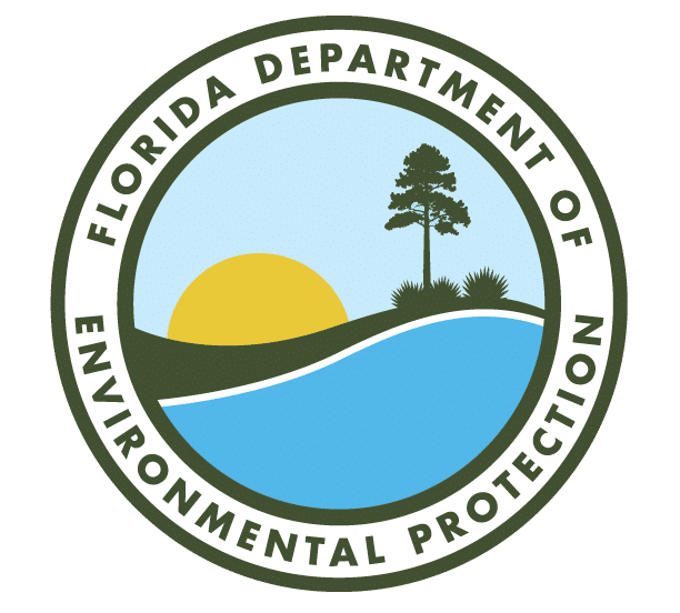 Florida Department of Environmental Protection logo, symbolizing water quality with a tree, sun, and grass in a green circle.